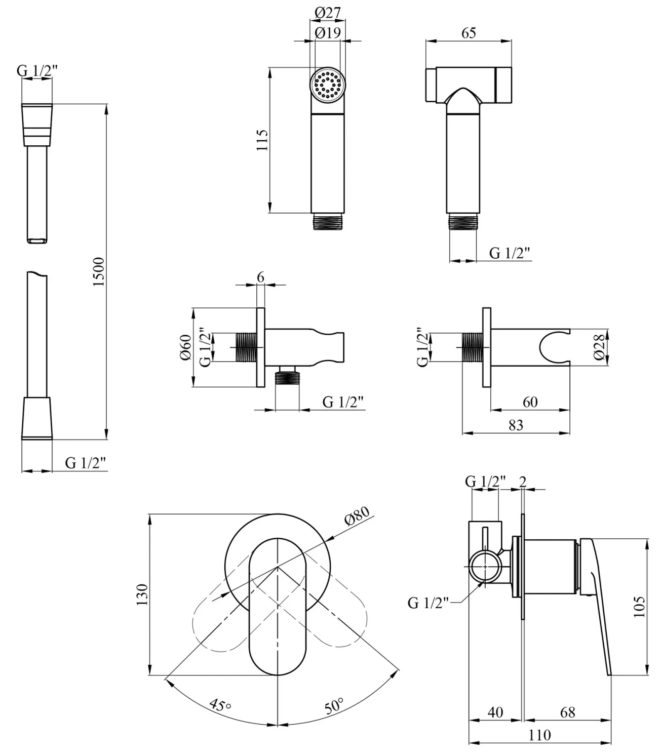 Набір для гігієнічного душу зі змішувачем Kroner Element 211234-0101 Фото - 1